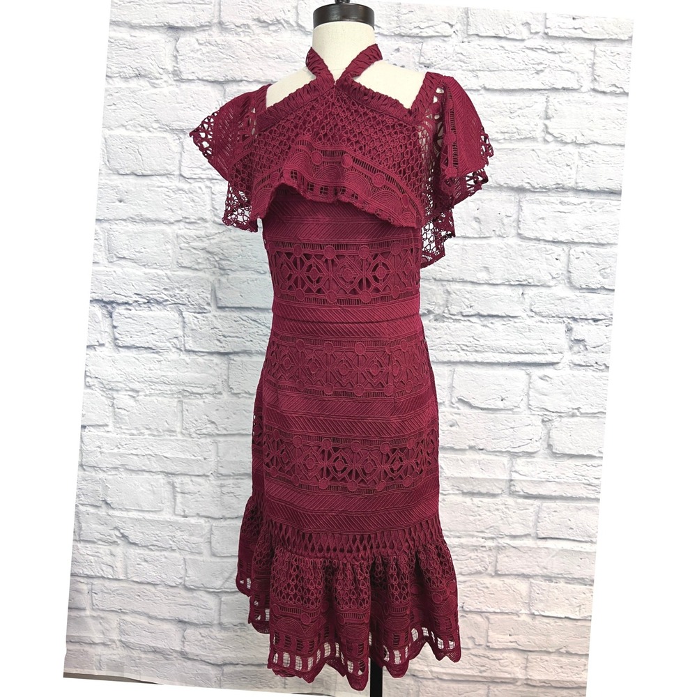 Trish Scully Lace Halter Dress Womens 6 Burgundy Excellent Ruffle Flounce Hem
